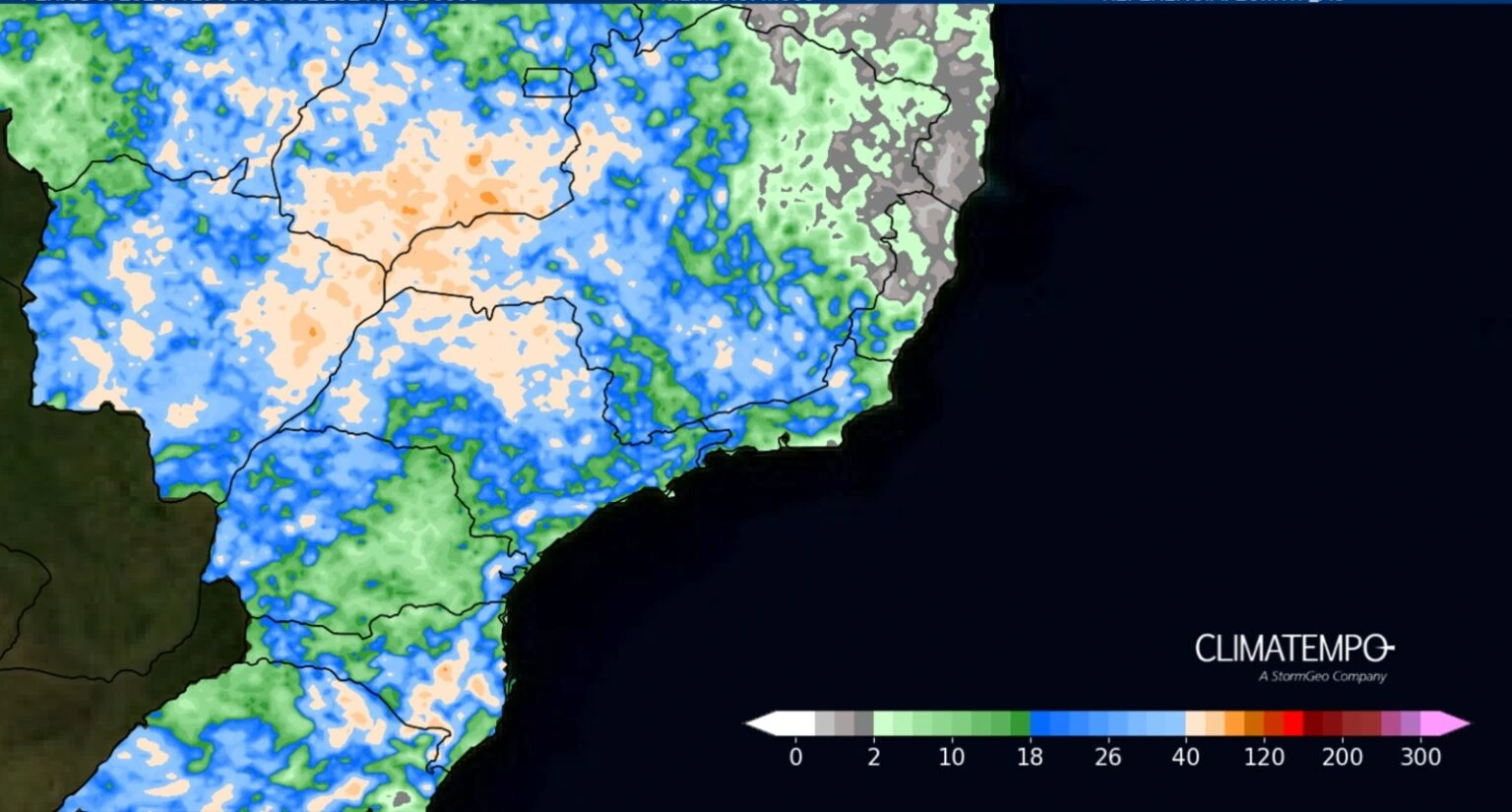Mapa que indica os acumulados previstos para o fim de semana no sudeste